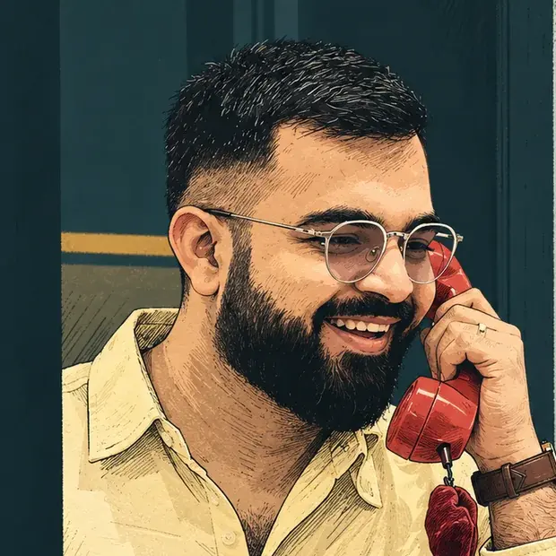 Illustration of Parth smiling on a red payphone handset
