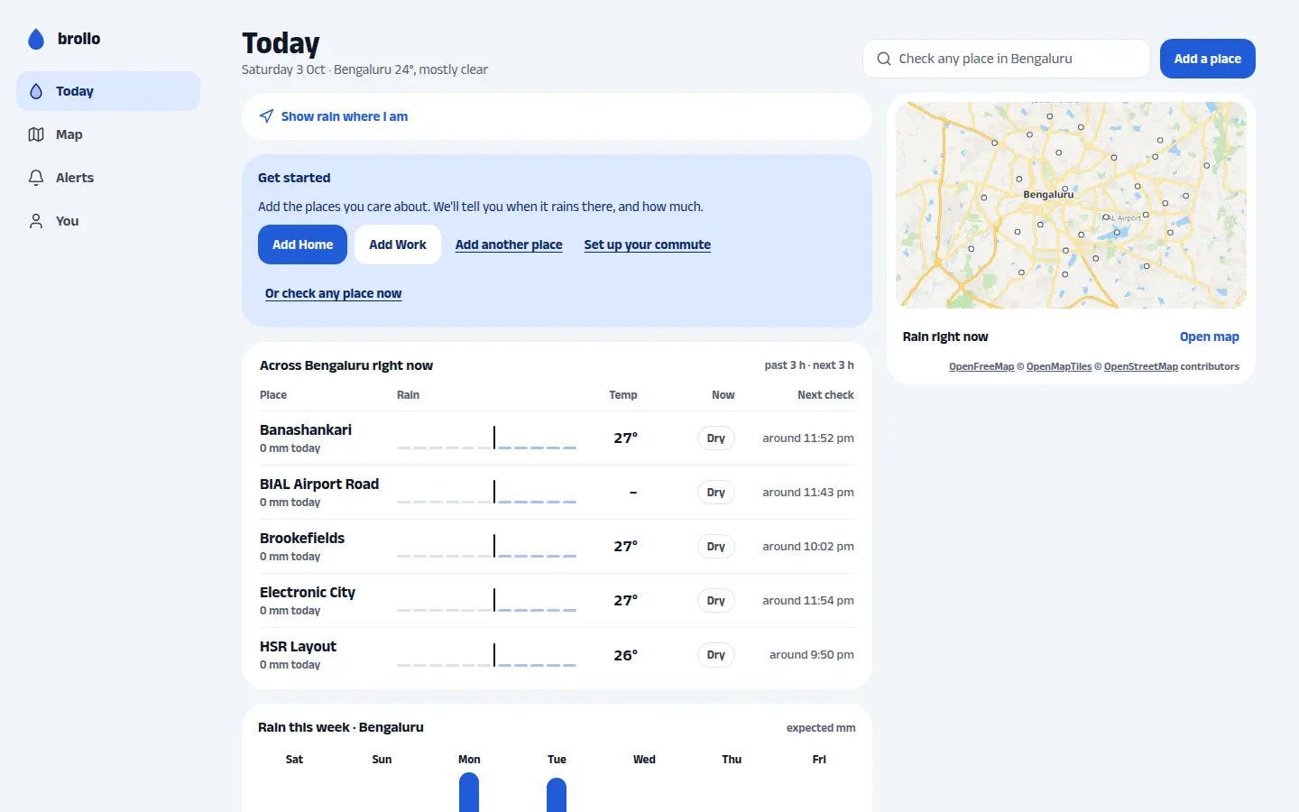 Brollo's Today screen: Bengaluru neighbourhoods with rain so far today and when each was last checked, next to a map of weather stations.